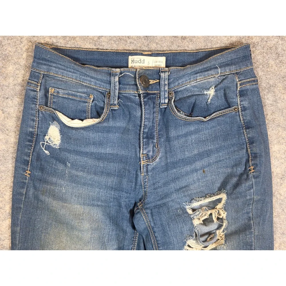 Y2K Mudd FLX Stretch Low Rise Skinny Jeans Medium Wash Distressed Denim Womens 5 - Picture 6 of 15